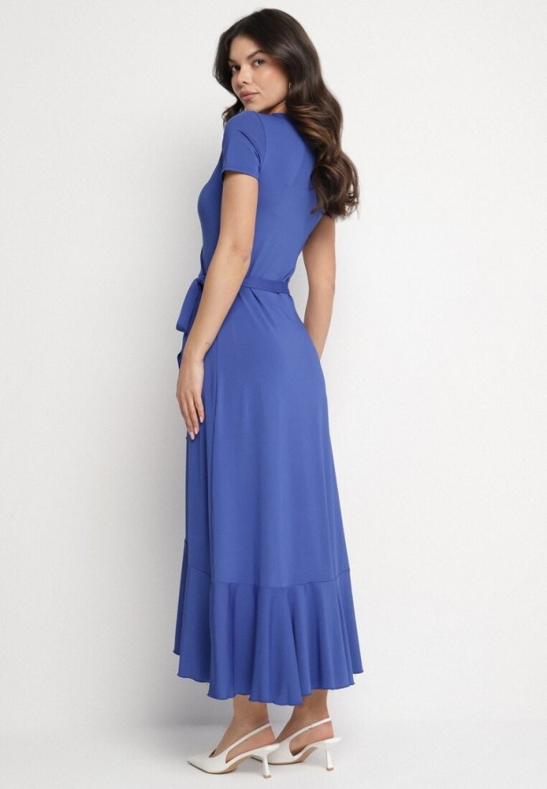 Niebieska Sukienka z Paskiem Kopertowa Ozdobiona Falbanami Wleffia