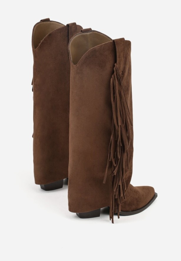 Brązowe Kozaki Kowbojki na Obcasie z Wywiniętą Cholewką z Frędzlami Monasatia