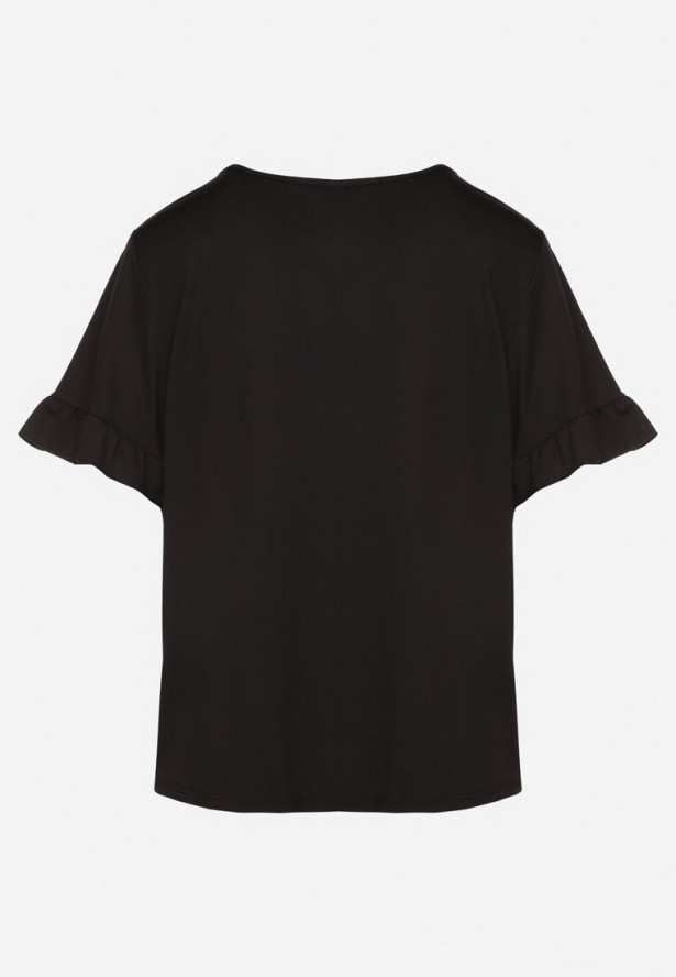 Czarna Bluzka z Dekoltem w Serek z Wiskozą Zdobiona Falbankami przy Rękawach Aliriva