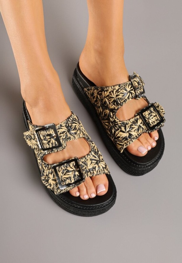 Czarne Klapki na Grubej Podeszwie Ozdobione Plecionką i Klamrami Ronella