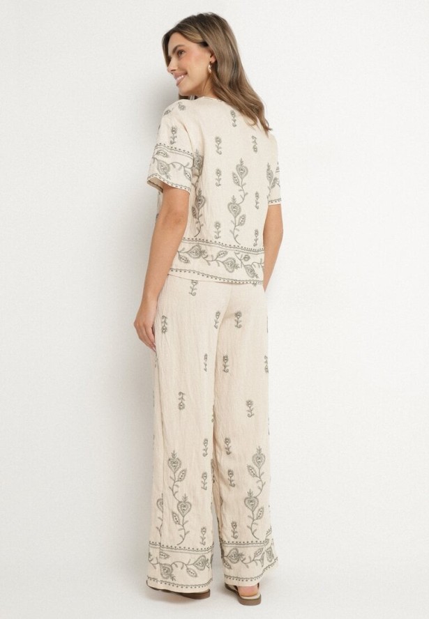 Beżowy Komplet z Wiskozy Zdobiony Haftem T-shirt i Szerokie Spodnie Tezonea