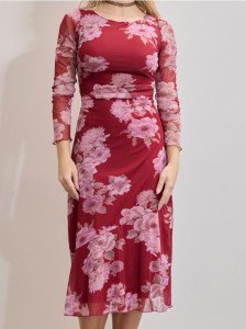 Sukienka midi w kwiaty - bordowy