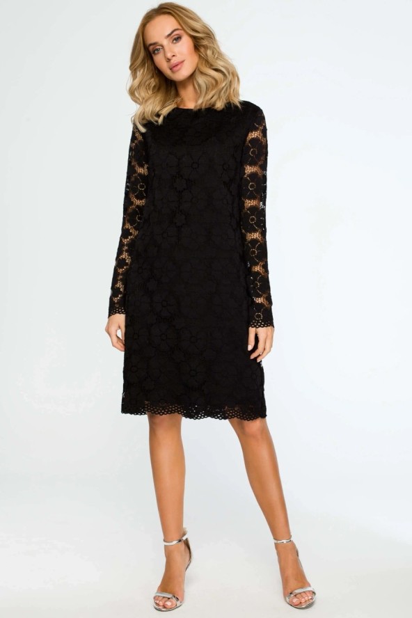 Sukienka wieczorowa koronkowa trapezowa midi czarna