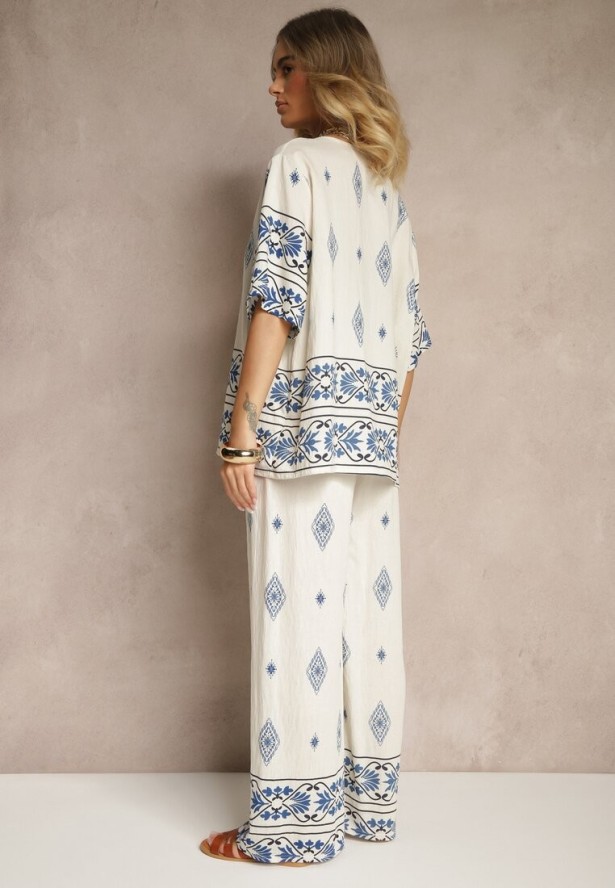 Beżowo-Niebieski Komplet z Wiskozy w Etniczny Wzór Szerokie Spodnie i T-shirt Sarivianne