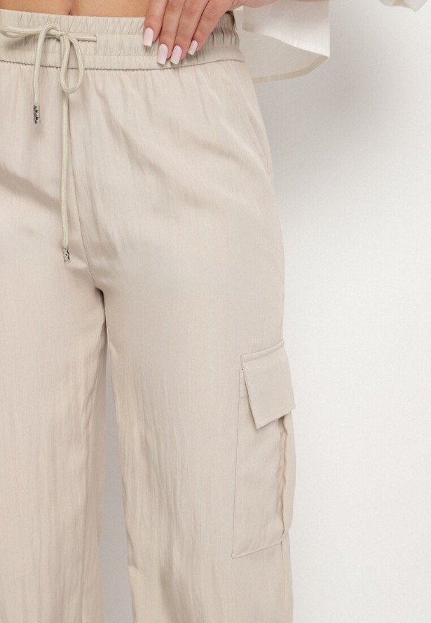Jasnobeżowe Szerokie Spodnie Cargo z Bawełną i Wysokim Stanem Maillira
