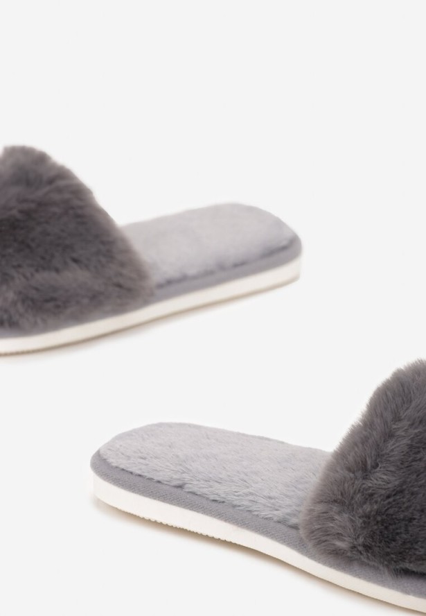 Szare Kapcie Futrzane z Szerokim Paskiem Iphandras
