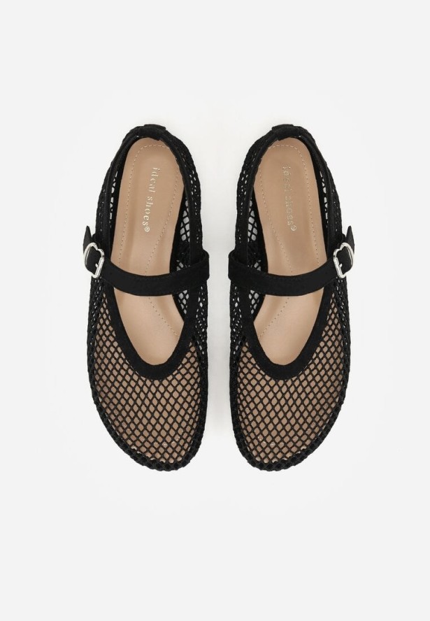 Czarne Siateczkowe Balerinki z Paskiem Appletwinkle