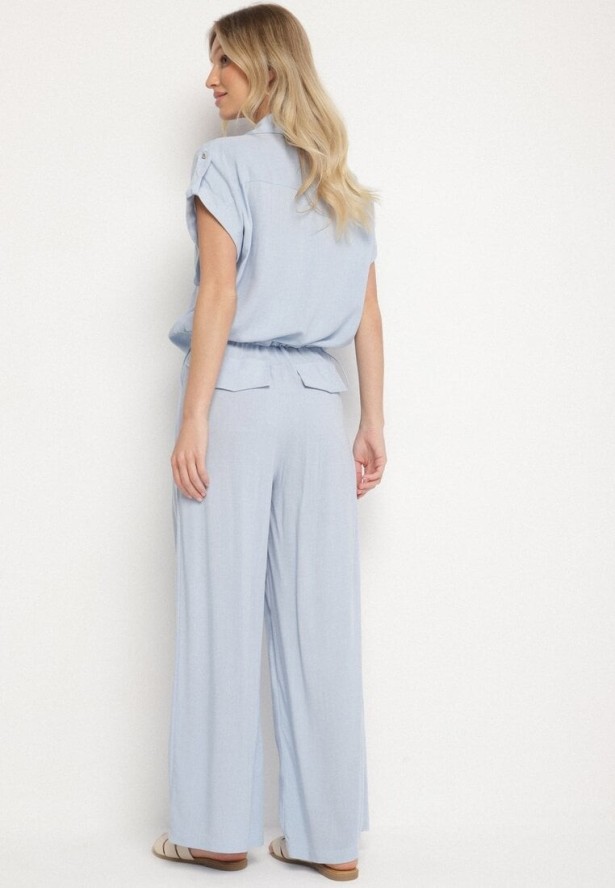 Niebieski Wiskozowy Komplet Koszula z Ozdobnymi Kieszeniami i Spodnie Rinesella