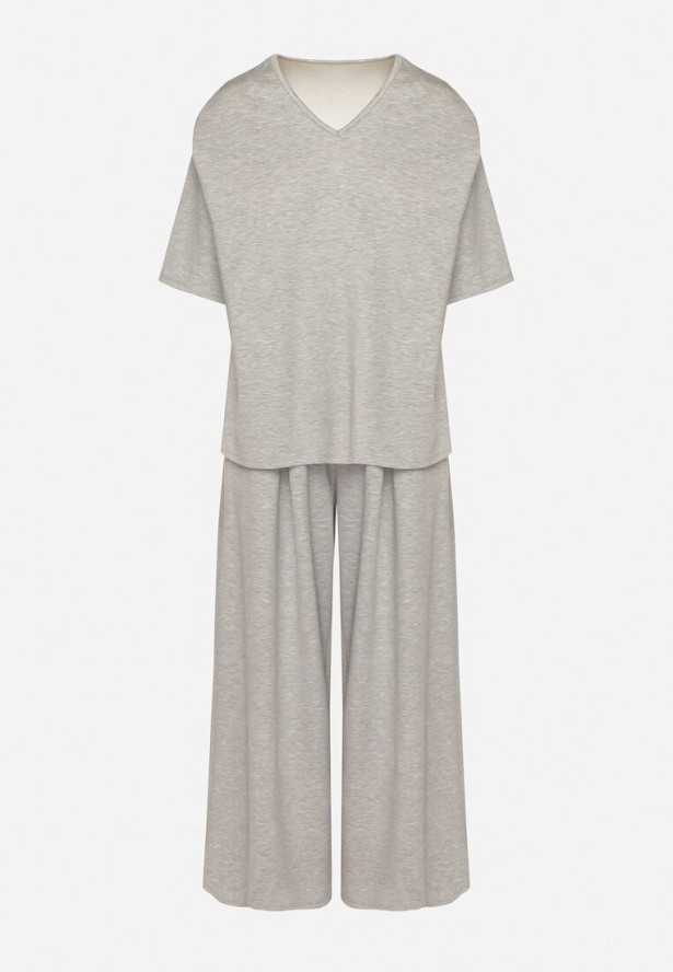 Szary Komplet z Wiskozą Szerokie Spodnie i Bluzka z Dekoltem w Serek Zeilora