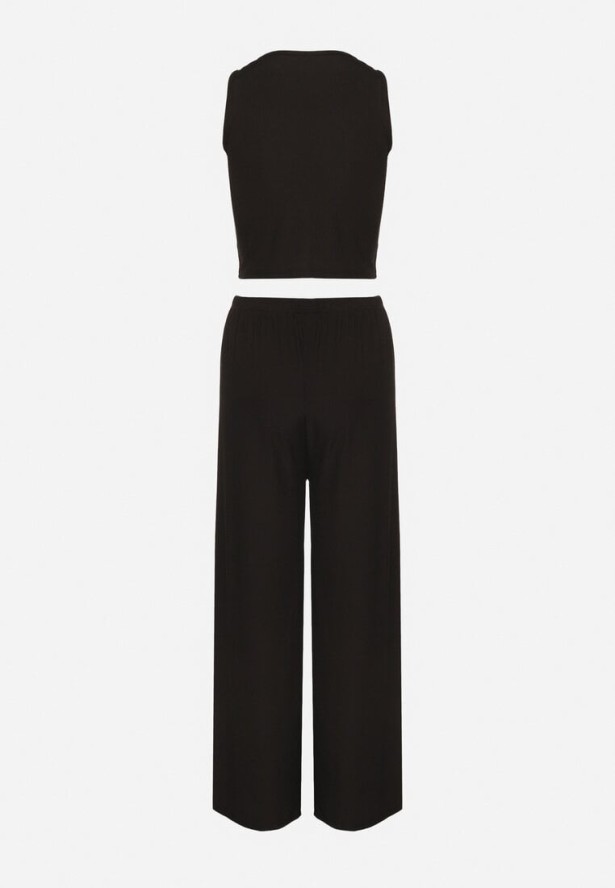 Czarny Prążkowany Komplet Dopasowany Top i Spodnie o Szerokim Kroju Miresia