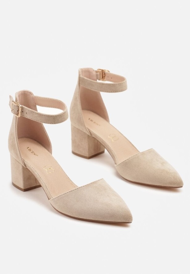 Ciemnobeżowe Czółenka na Obcasie Vices ze Skórzaną Wkładką i Ozdobnym Paskiem Nurisella