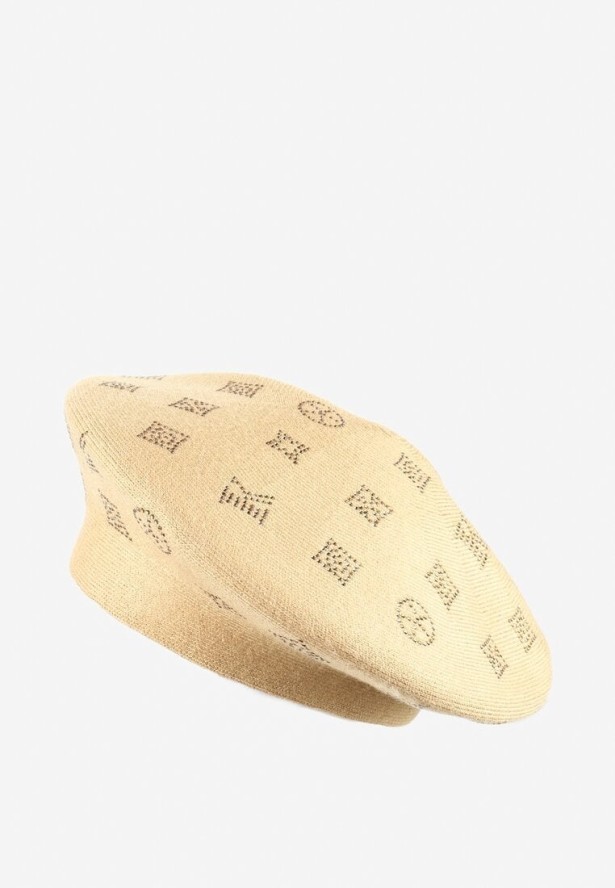 Ciemnobeżowa Czapka Beret w Naszywki w Cyrkonie Nlaria