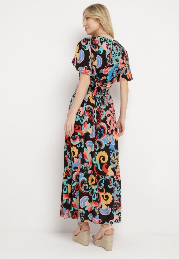 Czarny Komplet Krótka Bluzka z Kopertowym Dekoltem Spódnica z Gumką w Pasie Binesta