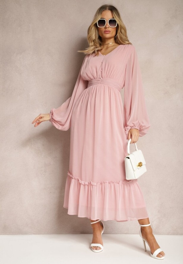 Różowa Plisowana Sukienka Koktajlowa Ozdobiona Guzikami i Falbankami Osumia