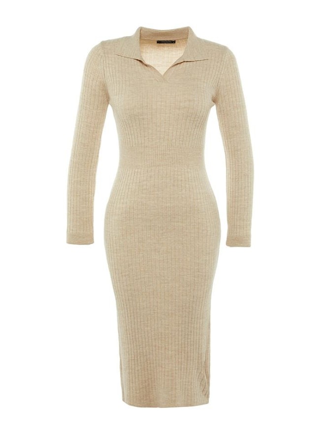 trendyol Sukienka dzianinowa w kolorze beżowym rozmiar: S