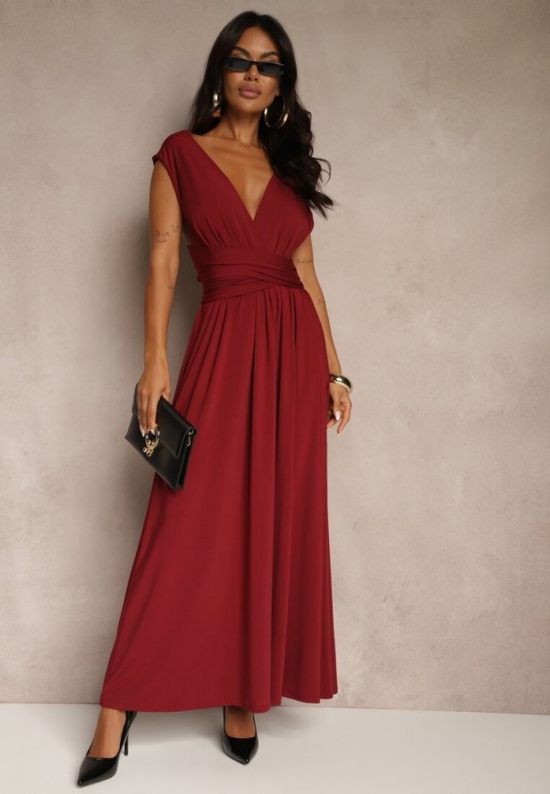 Bordowa Sukienka Koktajlowa Multiway z Wiskozą Wiązana na Szyi Lilovea