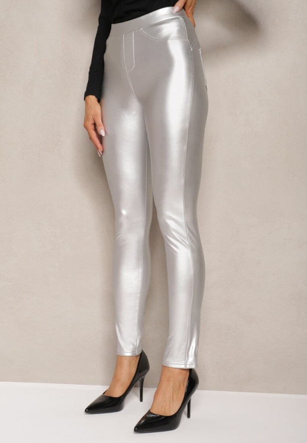 Srebrne Legginsy z Imitacji Skóry High Waist Noriel