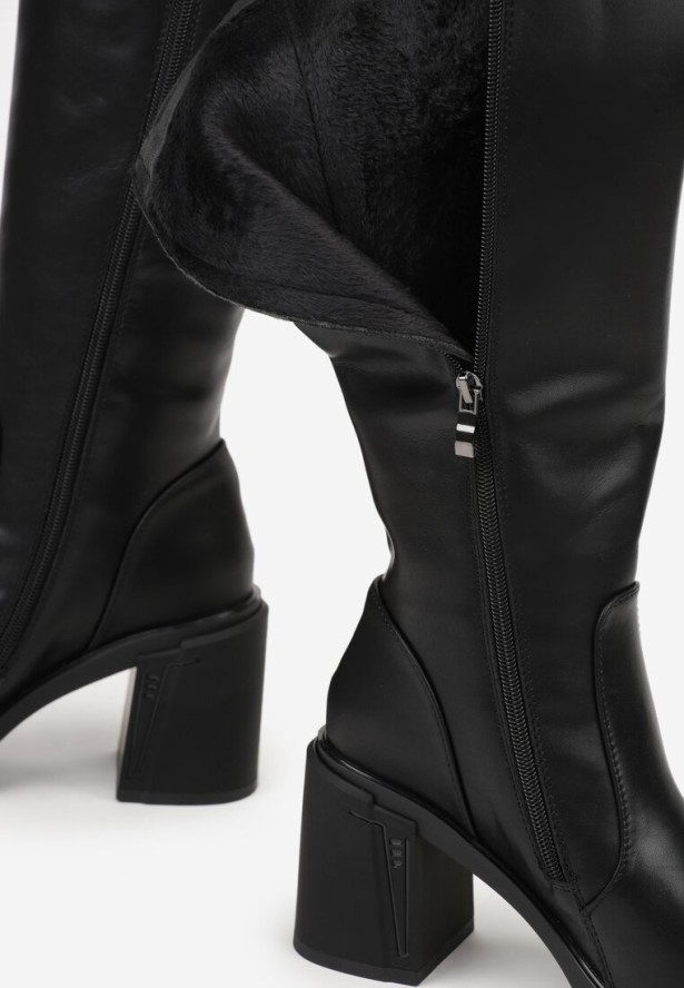 Czarne Kozaki VICES na Słupku ze Skóry Naturalnej Ozdobione Aplikacjami Refesa