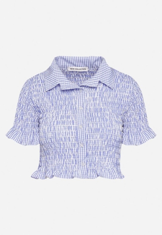 Jasnoniebieska Elastyczna Koszula w Kratkę Vichy o Krótkim Kroju Sovzeri
