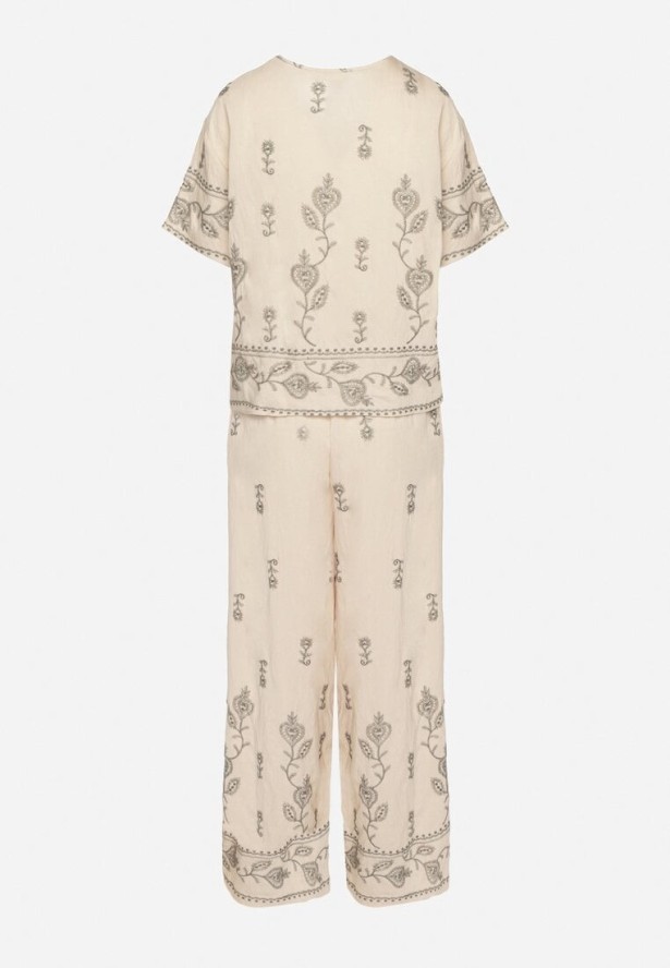 Beżowy Komplet z Wiskozy Zdobiony Haftem T-shirt i Szerokie Spodnie Tezonea