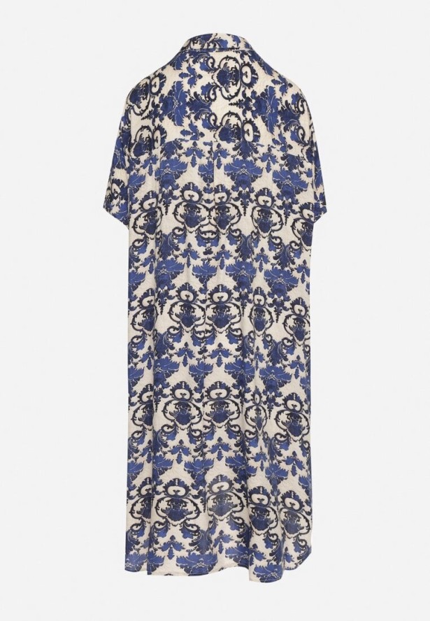 Granatowa Pudełkowa Sukienka Koszulowa z Wiskozy w Ornamentalny Print Vanisse