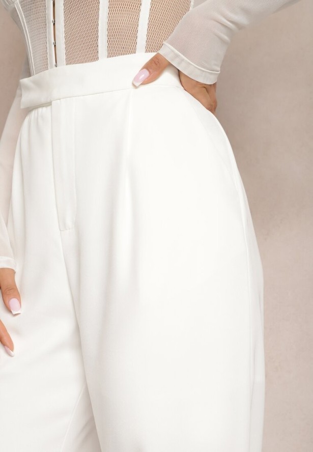 Białe Szerokie Spodnie z Zapięciem na Haczyk Brutris