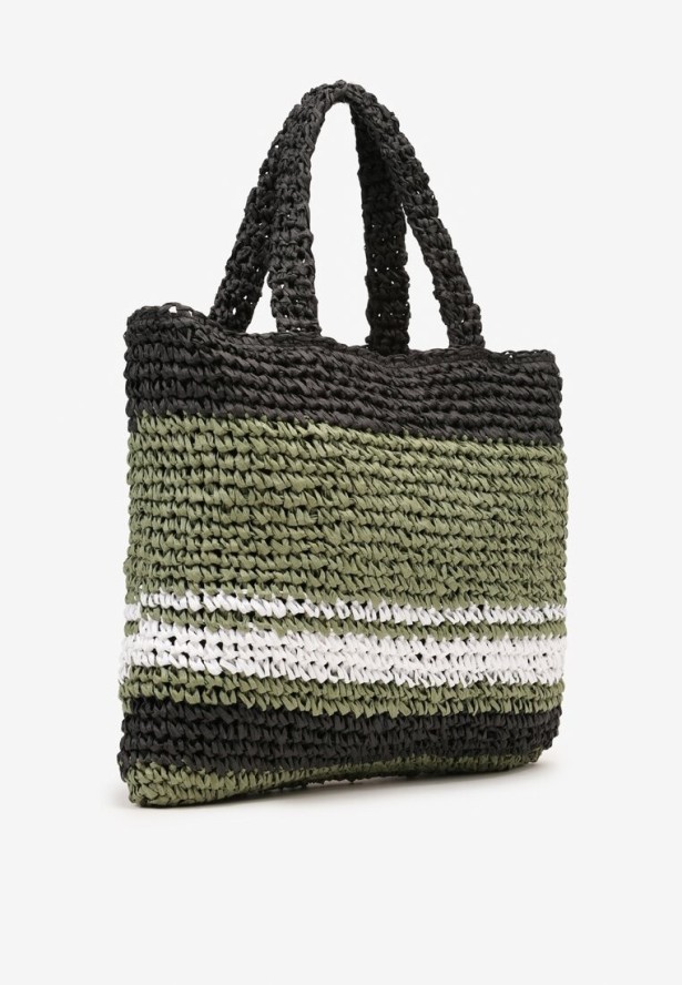 Zielono-Czarna Pleciona Torebka w Stylu Boho Ozdobiona Napisem Oegelia