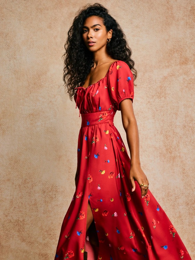 Sukienka damska midi z motywem kwiatowym czerwona Roksi 603