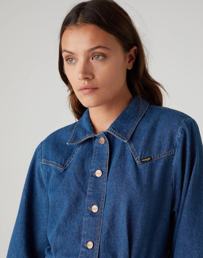 SUKIENKA JEANSOWA WRANGLER PUFF SLEEVE WESTERN MID INDIGO W9P4LLX8E 112132455