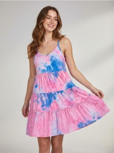 Sukienka mini na ramiączkach z falbanami - wielobarwny