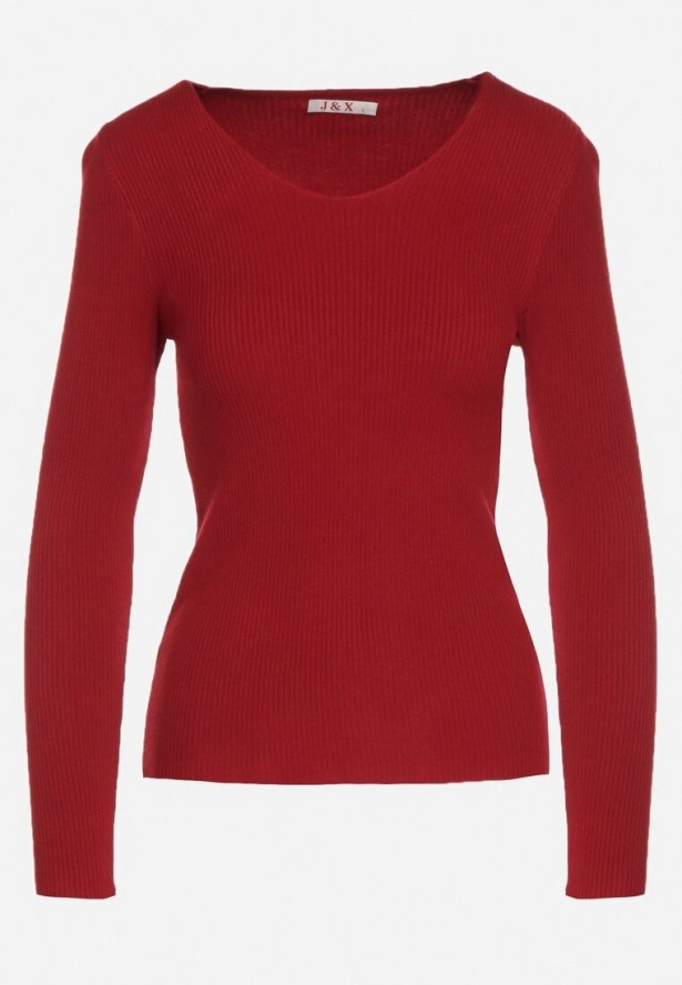 Bordowy Dopasowany Sweter z Prążkowanej Dzianiny z Bawełną z Dekoltem w Serek Tesma