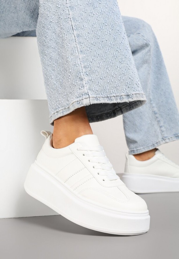 Białe Sneakersy Klasyczne Tenisówki na Grubej Podeszwie z Koturnem Adessia