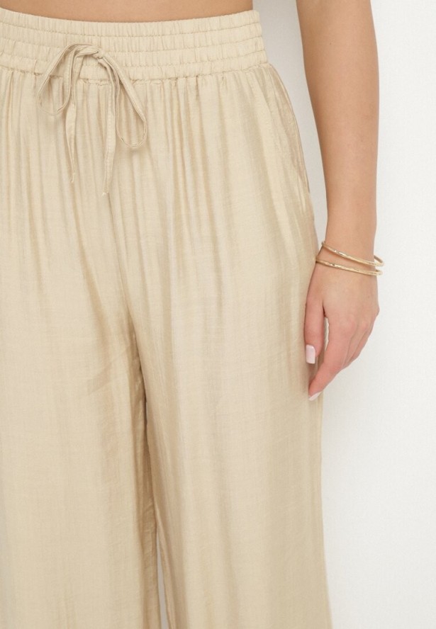 Beżowe Szerokie Spodnie Palazzo z Wysokim Stanem i Wiązaniem Myrlevia