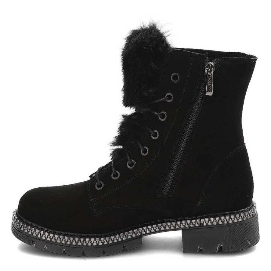 Czarne Botki Pollonus Skórzane Ocieplane Buty Damskie