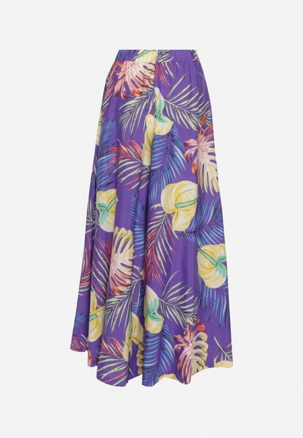 Niebieskie Szerokie Wiskozowe Spodnie z Wysokim Stanem w Liście Senithiela