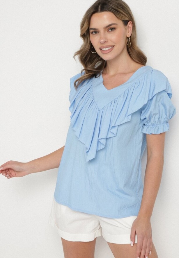 Jasnoniebieska Bluzka z Wiskozą i Falbankami Fadevia