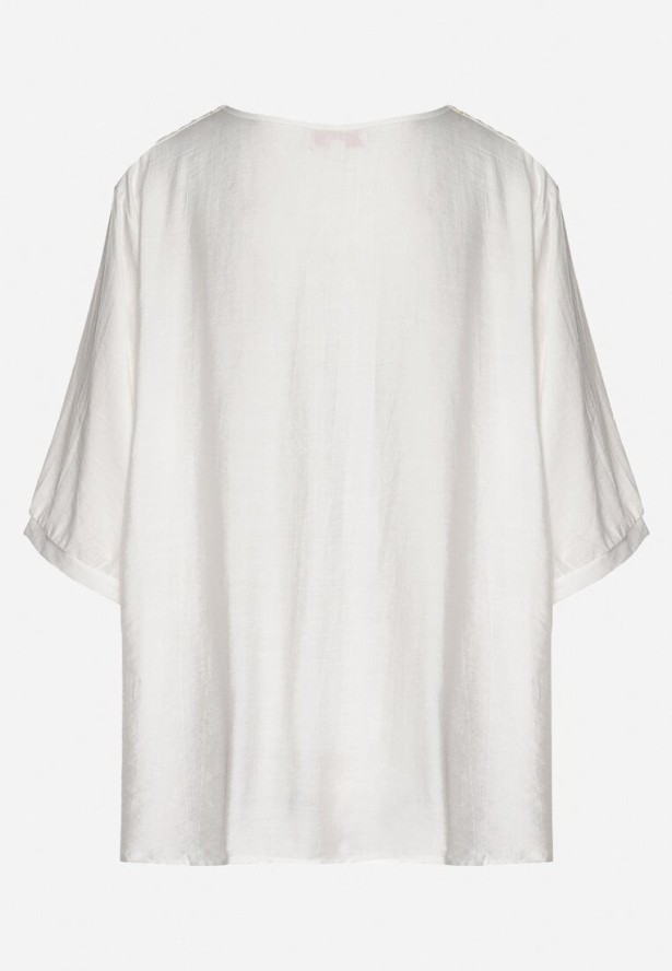 Biała Bawełniana Bluzka z Haftowanymi Zdobieniami Przy Dekolcie Mirundria