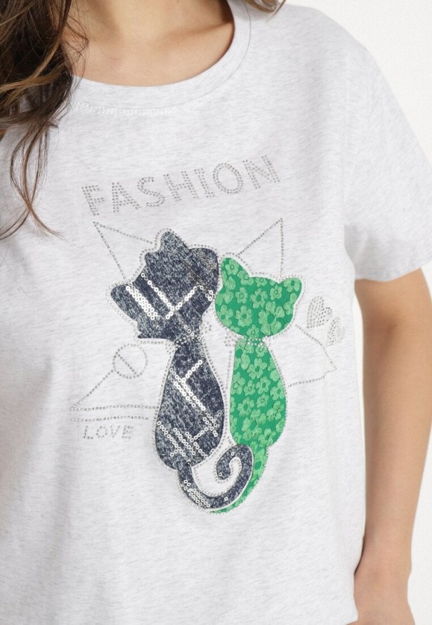 Jasnoszary T-shirt z Bawełny z Ozdobnym Napisem i Nadrukiem Olinella