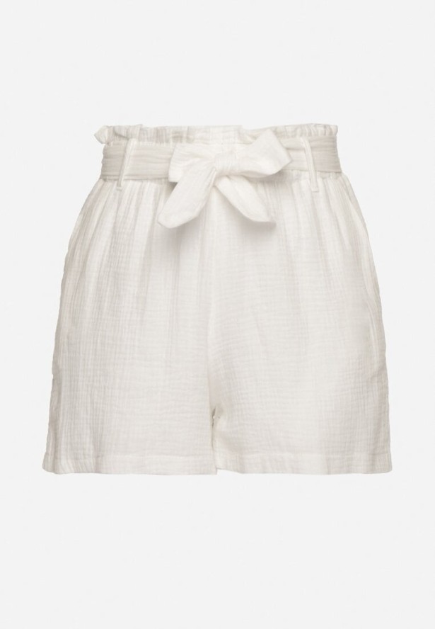 Białe Szorty z Bawełny z Gumką w Pasie i Materiałowym Paskiem Melluna