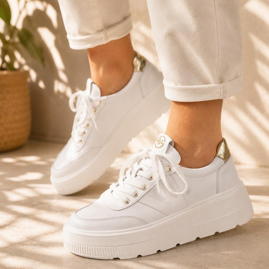 Białe skórzane sneakersy damskie na platformie Vinceza 39976