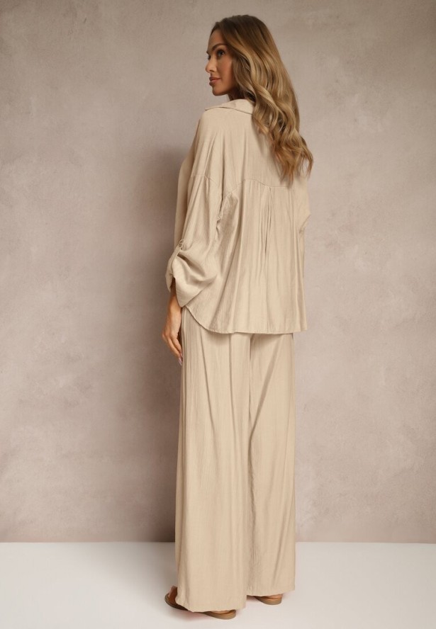 Jasnobeżowy Komplet z Wiskozy w Stylu Oversize Szerokie Spodnie i Luźna Koszula na Guziki Natinne