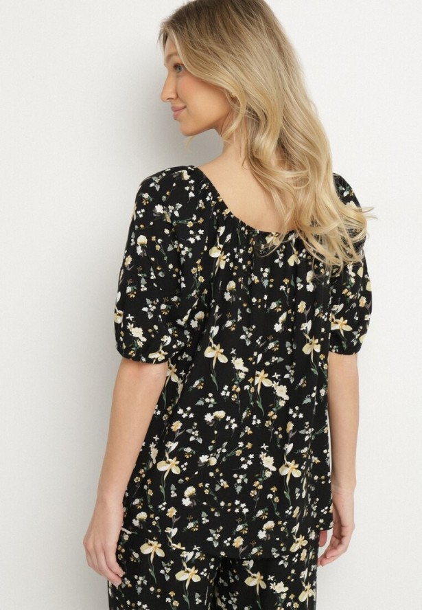 Czarna Bluzka ze Sztucznego Jedwabiu w Kwiaty Lisanithea