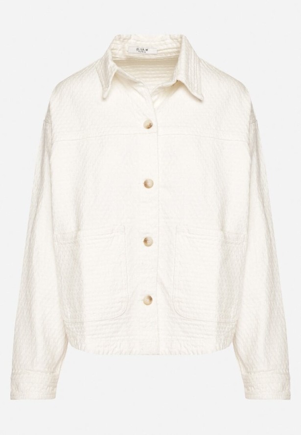 Biała Kurtka Koszulowa z Tłoczonego Materiału z Bawełny z Kieszeniami Janlira