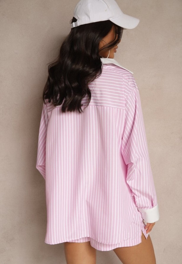 Różowa Koszula Ozdobiona Kieszonką i Paskami Zarindia