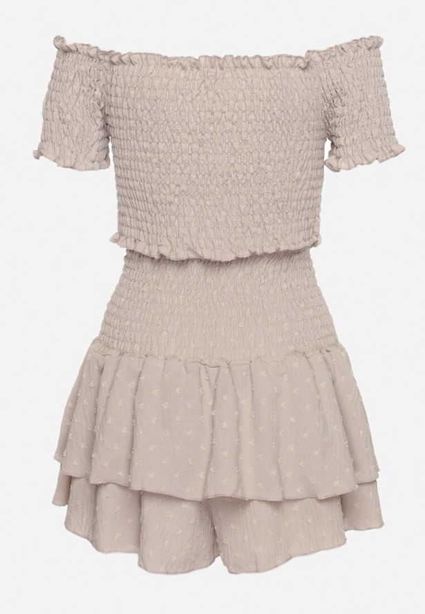 Beżowy Komplet Top w Stylu Hiszpanki i Spódnico-Szorty z Gumką Quillatta