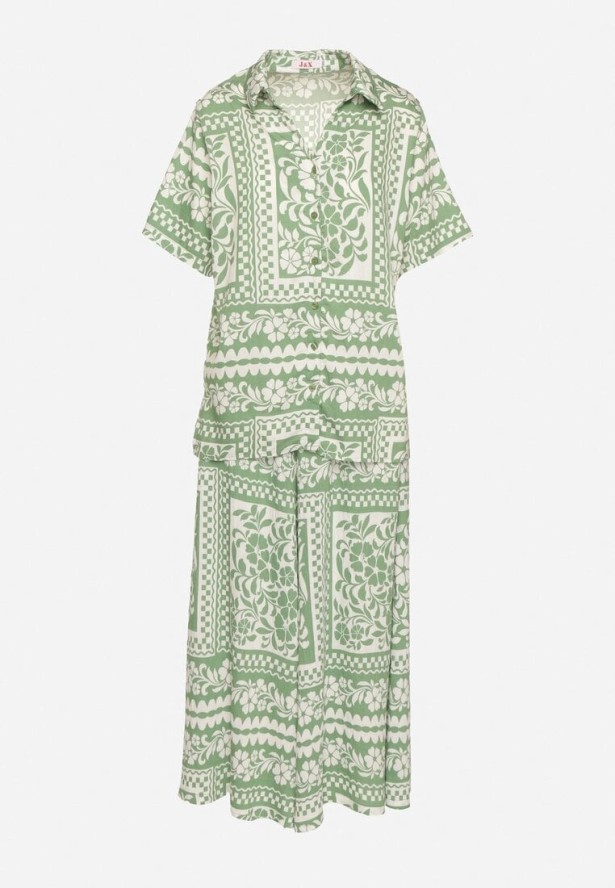 Jasnozielony Komplet z Wiskozą z Kwiatowym Motywem Koszula i Spodnie Sonaniella