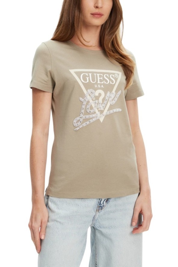 GUESS Zielony damski t-shirt Pearls Love, Rozmiar XS