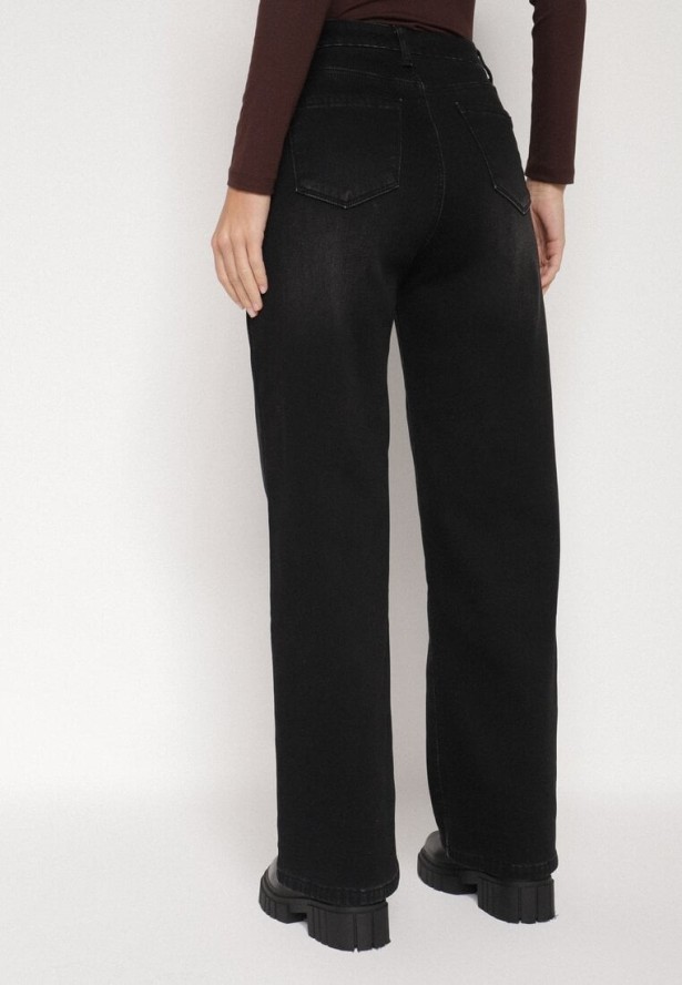 Czarne Jeansy z Szeroką Nogawką i Wysokim Stanem Ocieplane Polarem Mevellania