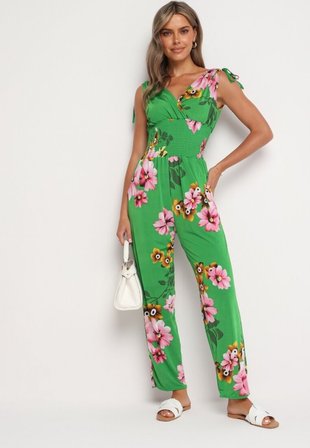 Zielony Kombinezon w Kwiaty z Trójkątnym Dekoltem i Troczkami na Ramionach Benan