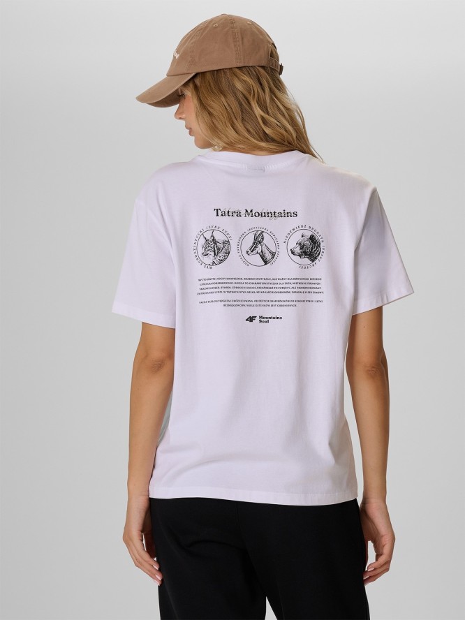 4F T-shirt loose z nadrukiem damski - biały XS